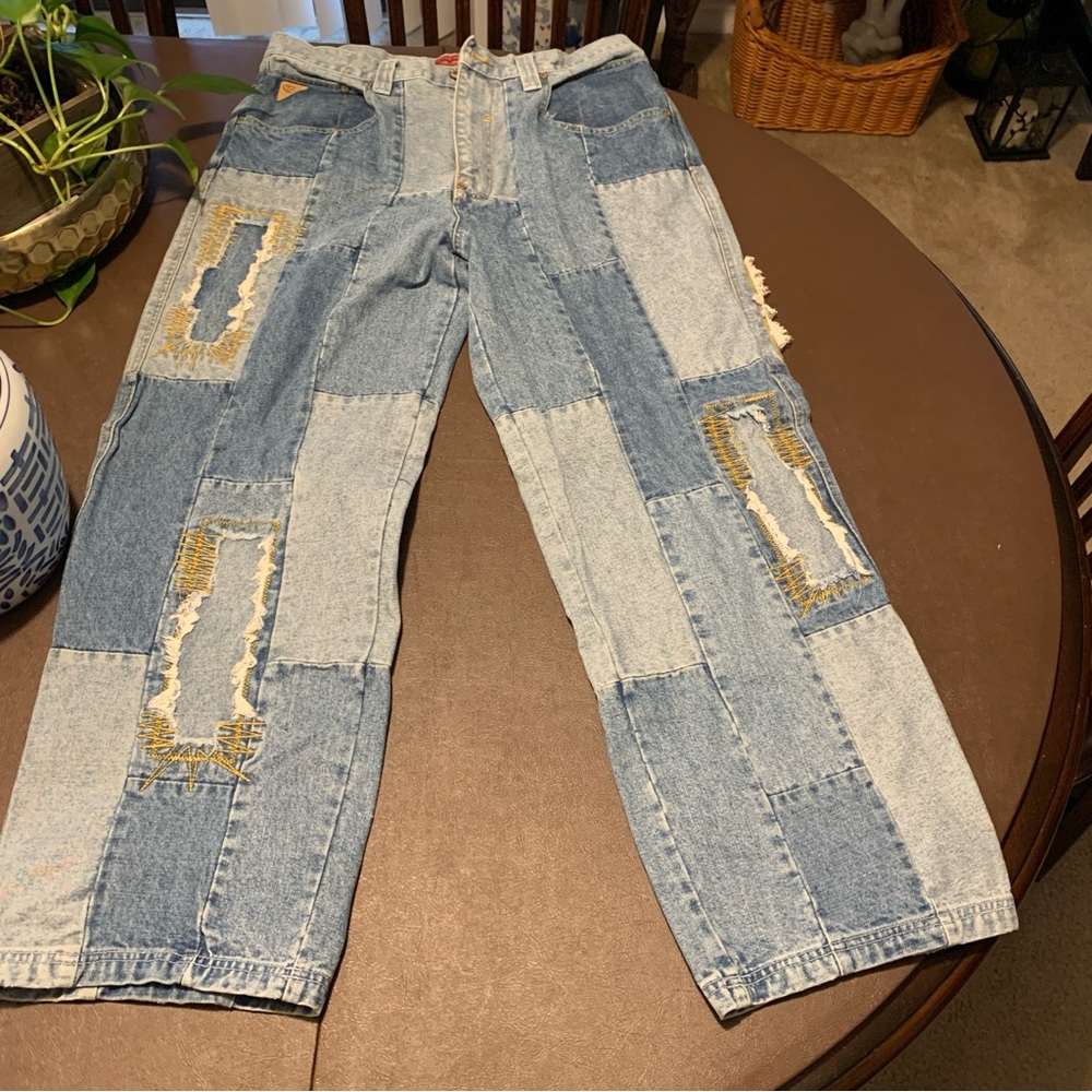 OZOC Baggy Wide Leg Patchwork Jeans Mens Size 34x32 Skater Grunge Streetwear Y2k